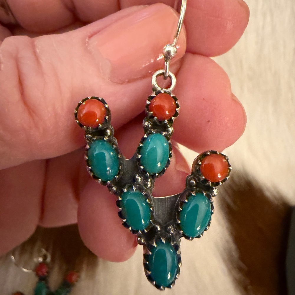 ❤️Kingman Turquoise Italian Coral Prickly Pear Cactus 925 Dangle Earrings 1.70”L - Picture 7 of 14